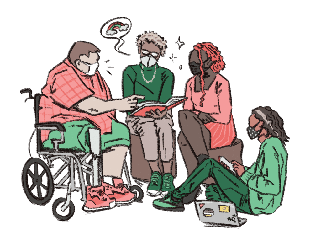 A group of young people gather to discuss a shared book.