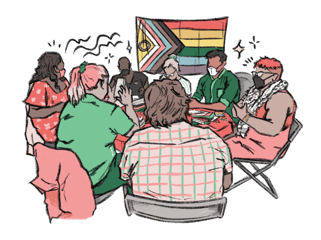 Illustration of GSA group discussion around a table, under a pride flag