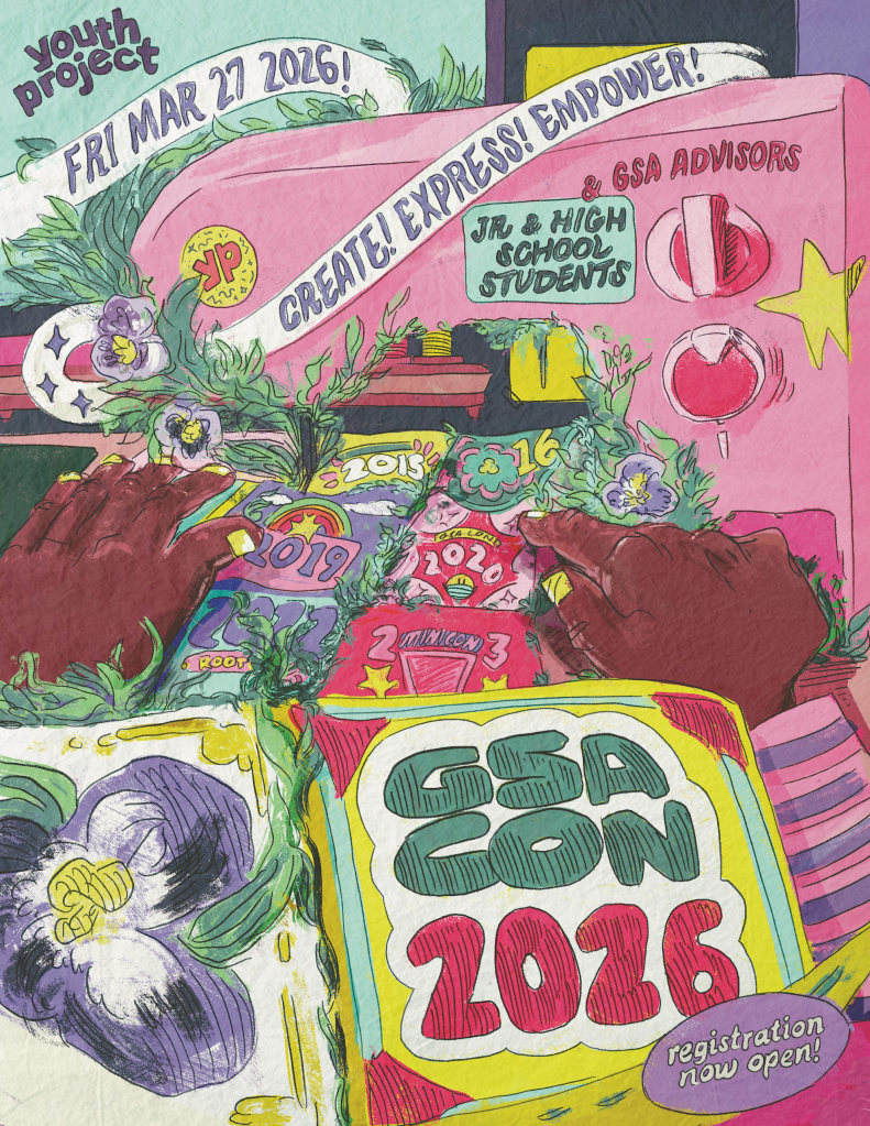 GSA Conference poster 2026 illustrates a sewing maching stitching vines through a quilt of past GSA conference quilt squares.